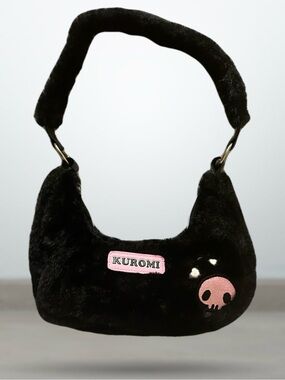 Hot Topic Black Faux Fur Kuromi Patch Shoulder Bag with Pink Accent
